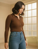 SGW Dark Brown V-Neck Knit Shirt Full Button - Full Sleeves