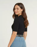 SGW Black Front Full Button Rib Knit Tee - Half Sleeves