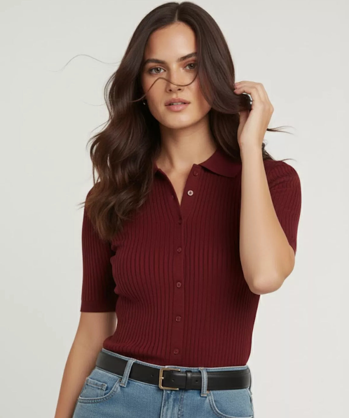 SGW Maroon Front Full Button Rib Knit Tee - Half Sleeves