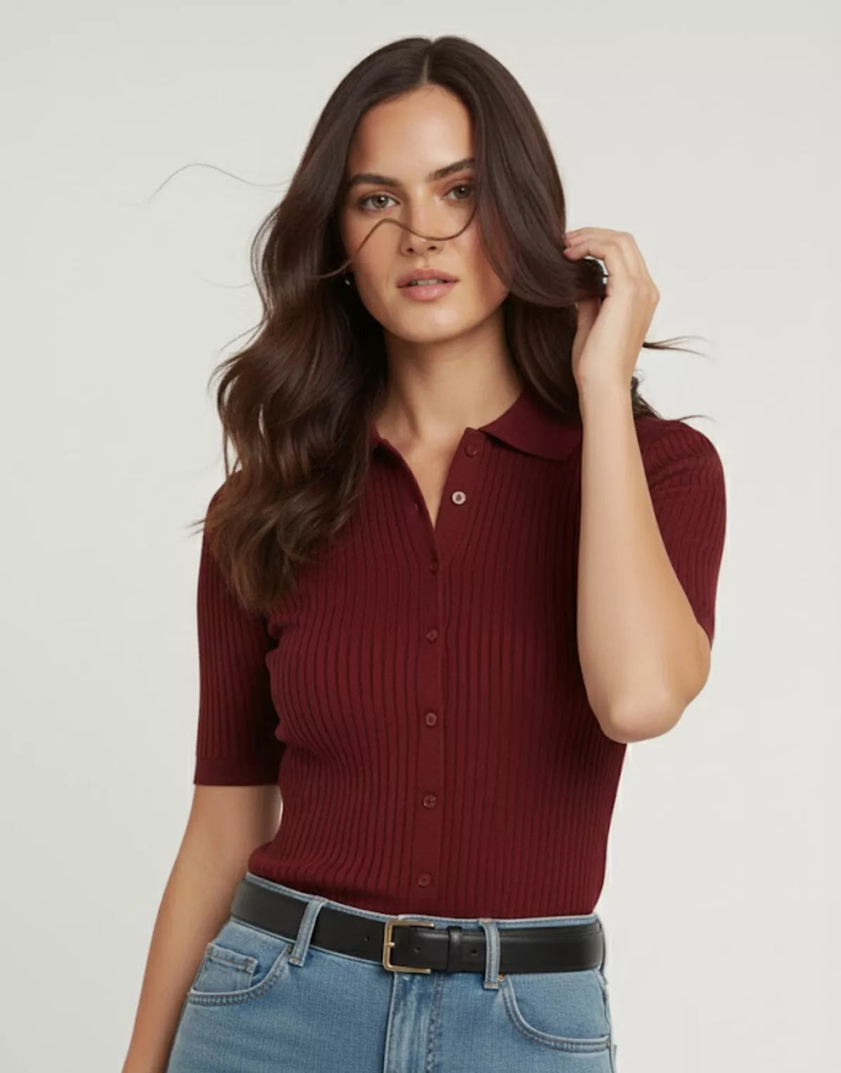 SGW Maroon Front Full Button Rib Knit Tee - Half Sleeves