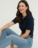 SGW Navy Blue Front Full Button Rib Knit Tee - Half Sleeves
