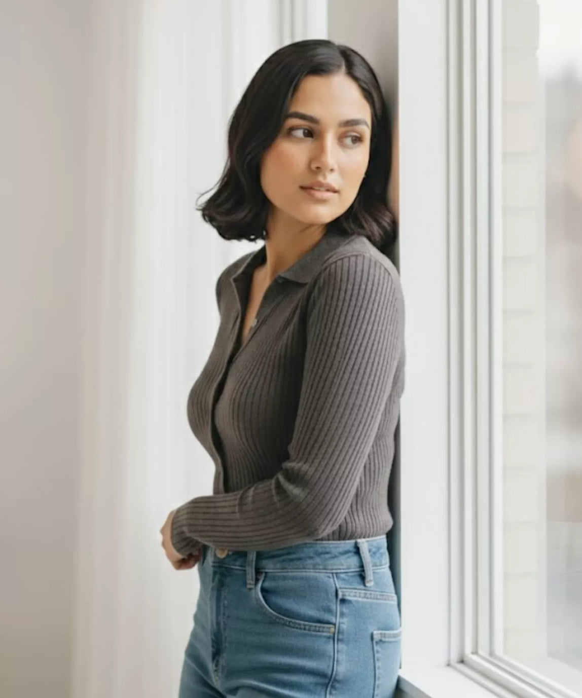 SGW Grey V Neck Knit Shirt Full Button - Full Sleeves