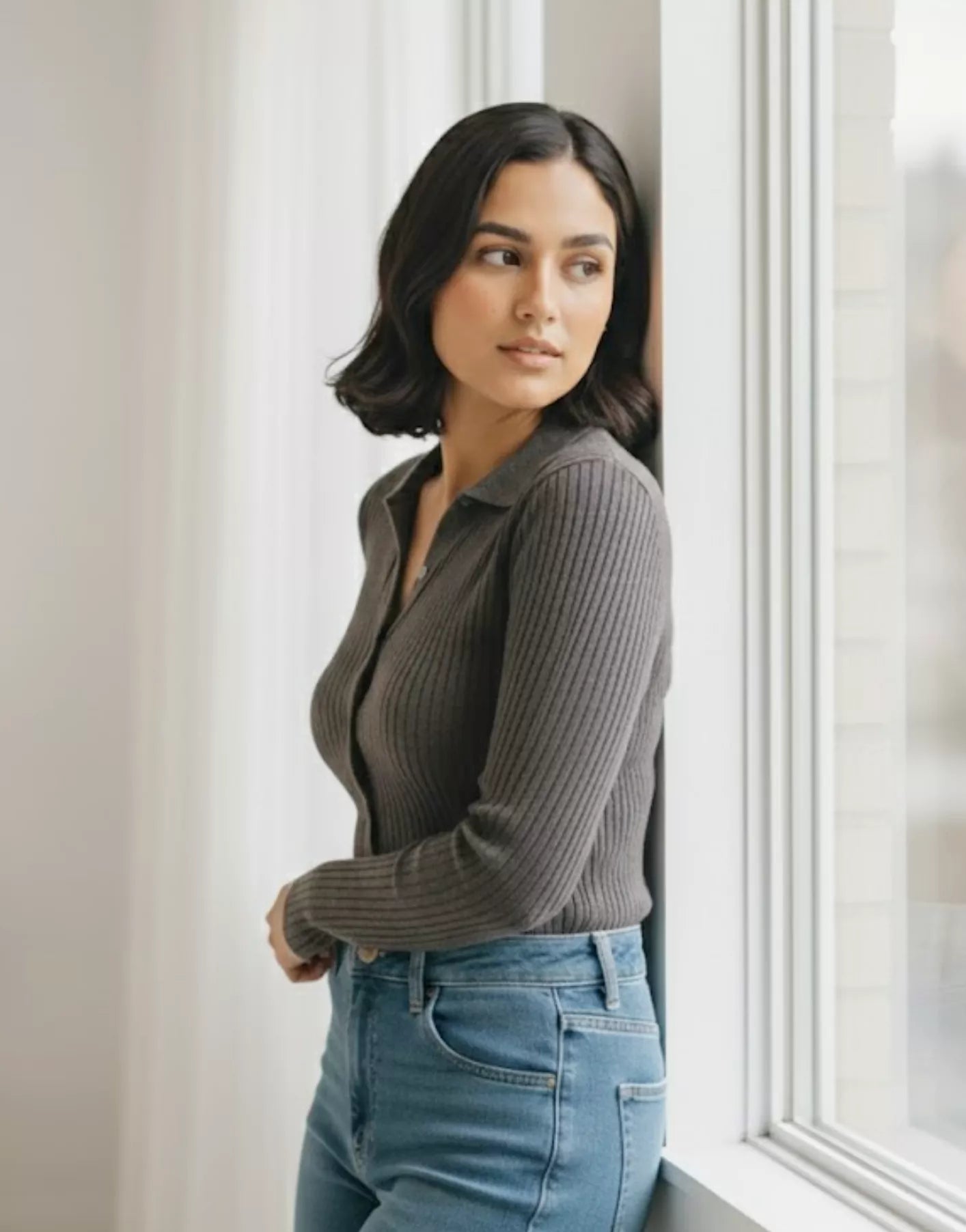 SGW Grey V Neck Knit Shirt Full Button - Full Sleeves