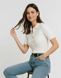 SGW Pure White Front Full Button Rib Knit Tee - Half Sleeves