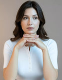 SGW White Round Neck Button-Front Top - Half Sleeves