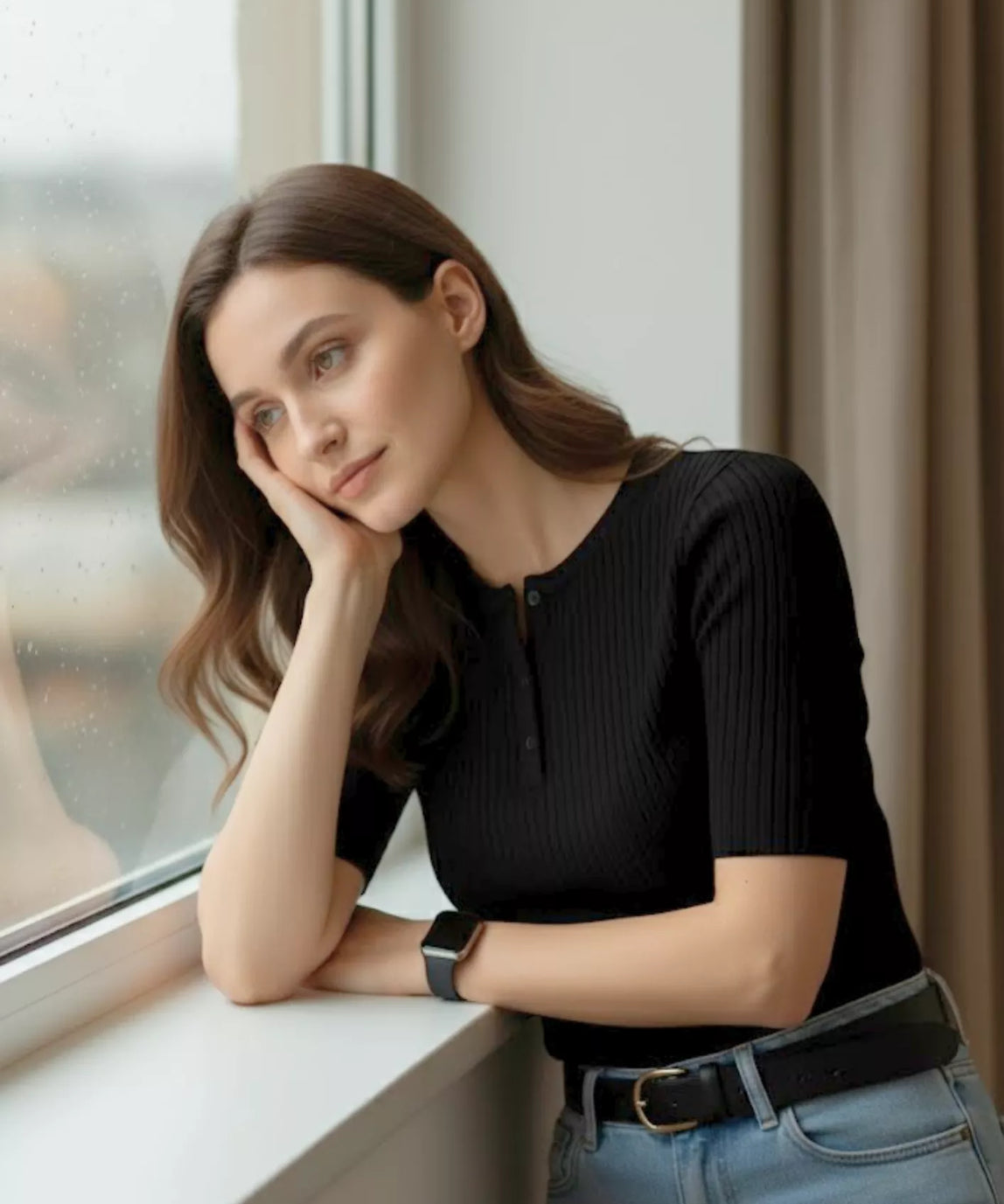 SGW Black Round Neck Button-Front Top - Half Sleeves