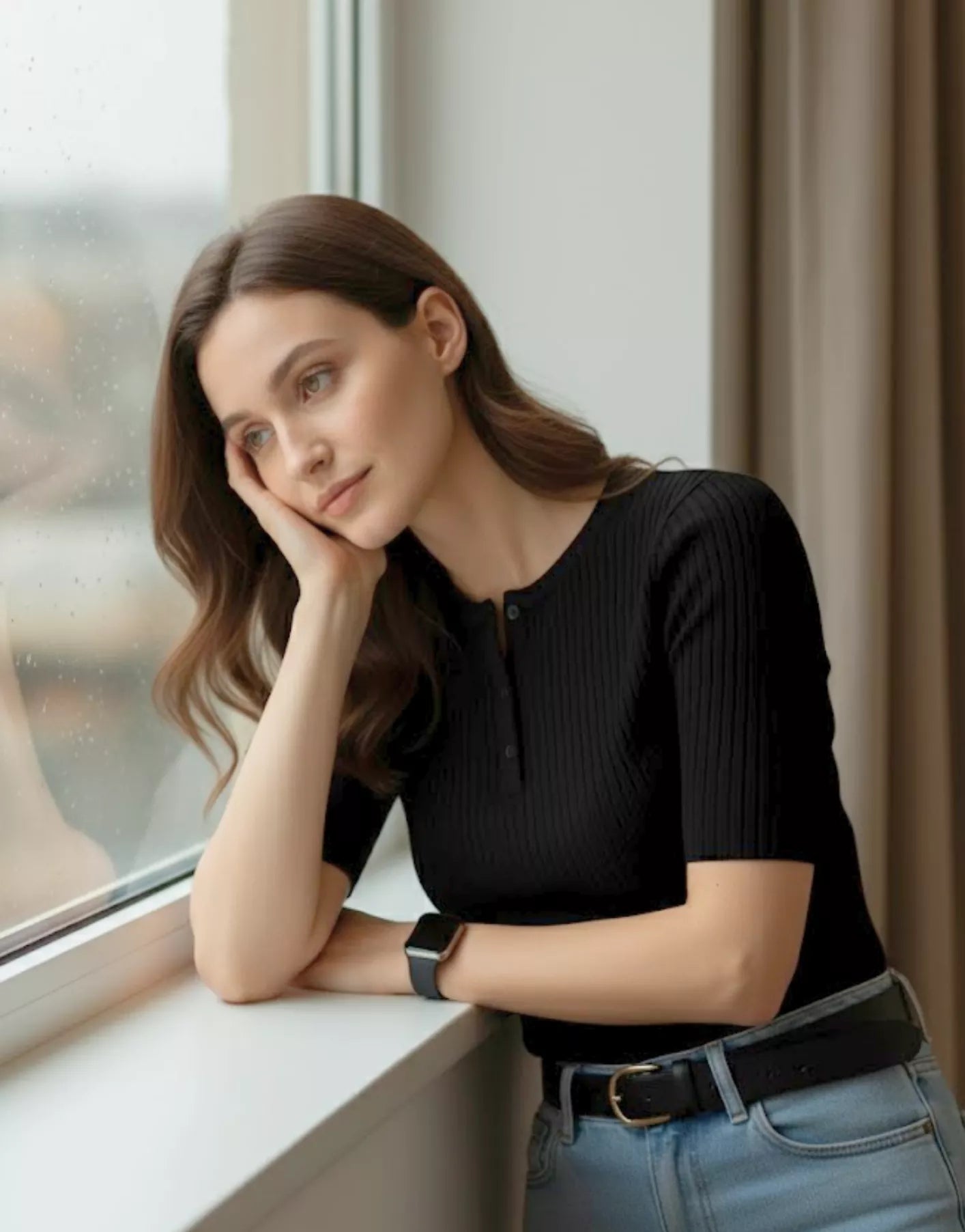 SGW Black Round Neck Button-Front Top - Half Sleeves