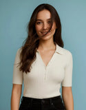 SGW White Ribbed Button Polo Tee - Half Sleeves