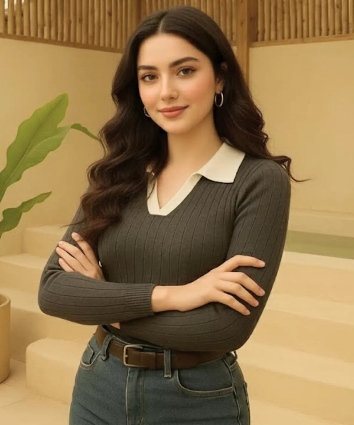 SGW - Charcoal Ribbed Knit Polo - White Contrast Collar Full Sleeves