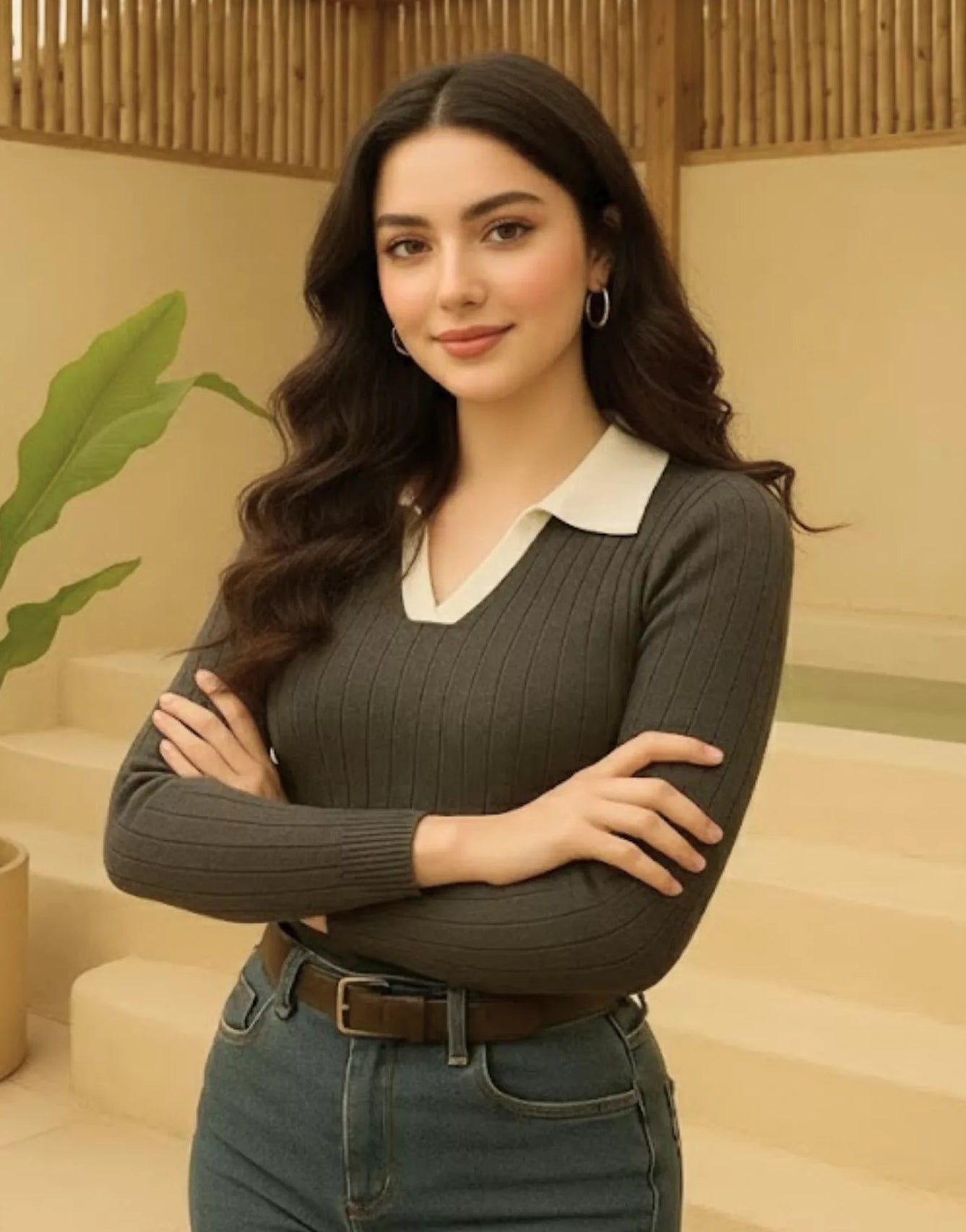 SGW - Charcoal Ribbed Knit Polo - White Contrast Collar Full Sleeves