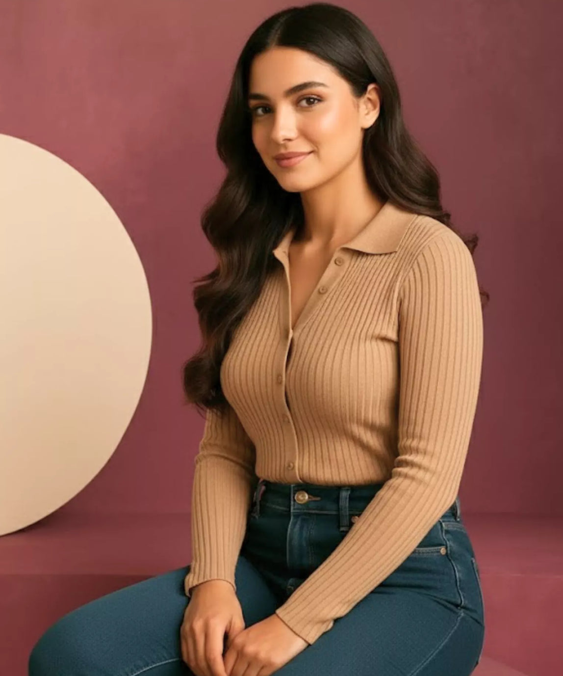 SGW Beige V-Neck Knit Shirt Full Button - Full Sleeves