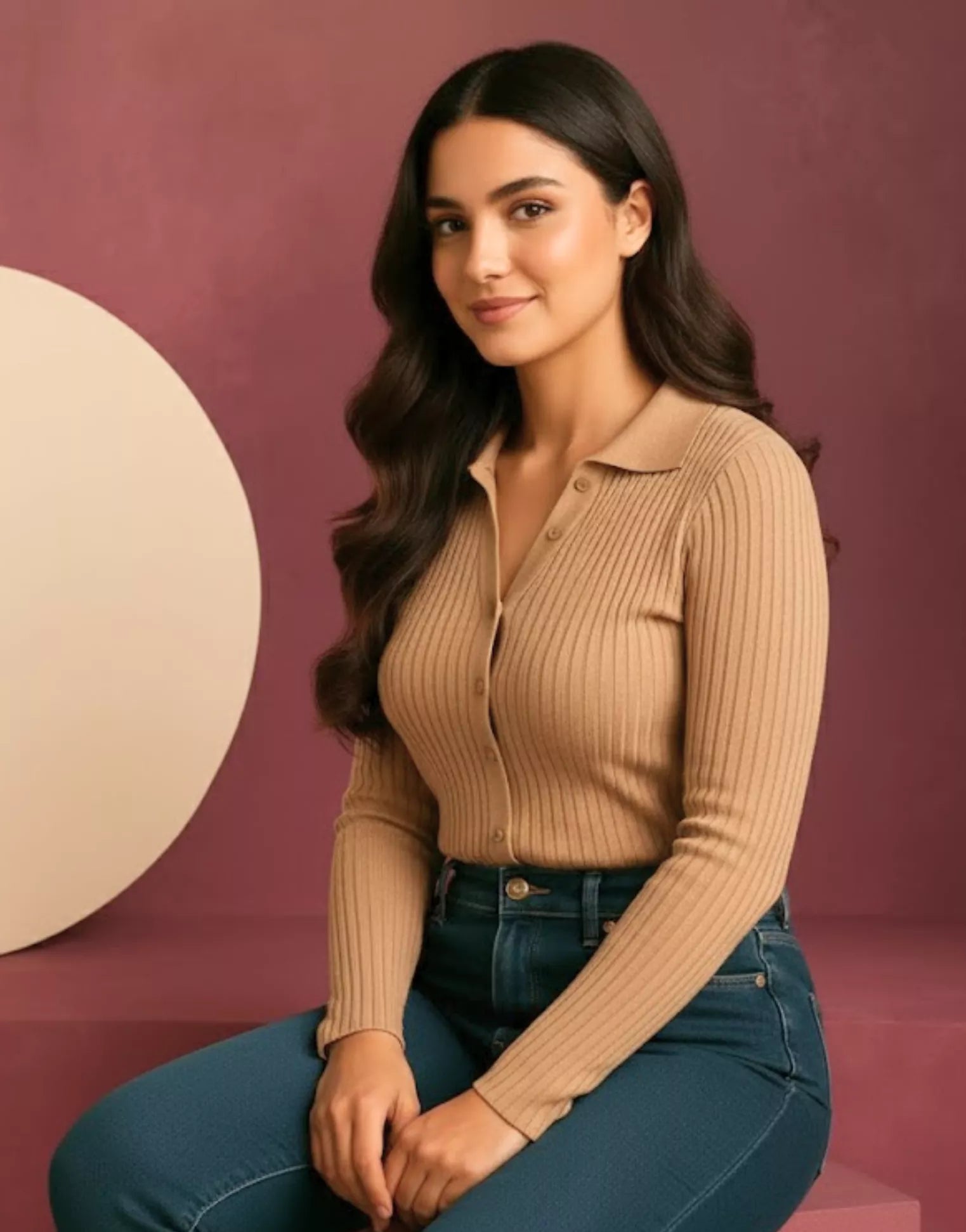 SGW Beige V-Neck Knit Shirt Full Button - Full Sleeves