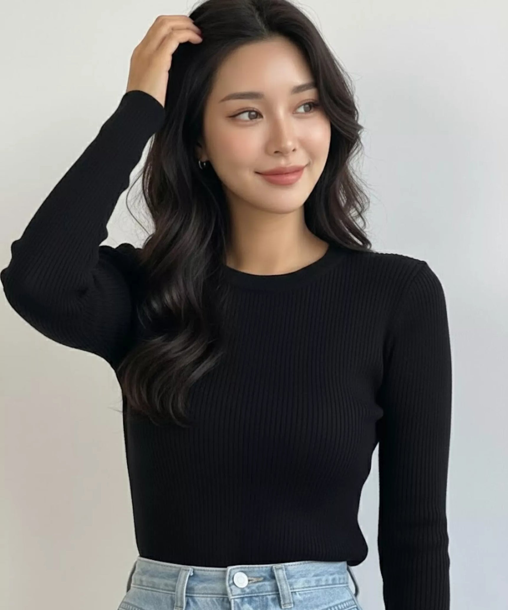 Classic Black Ribbed Crew Neck Top - Full Sleeves - SelectGraceWear