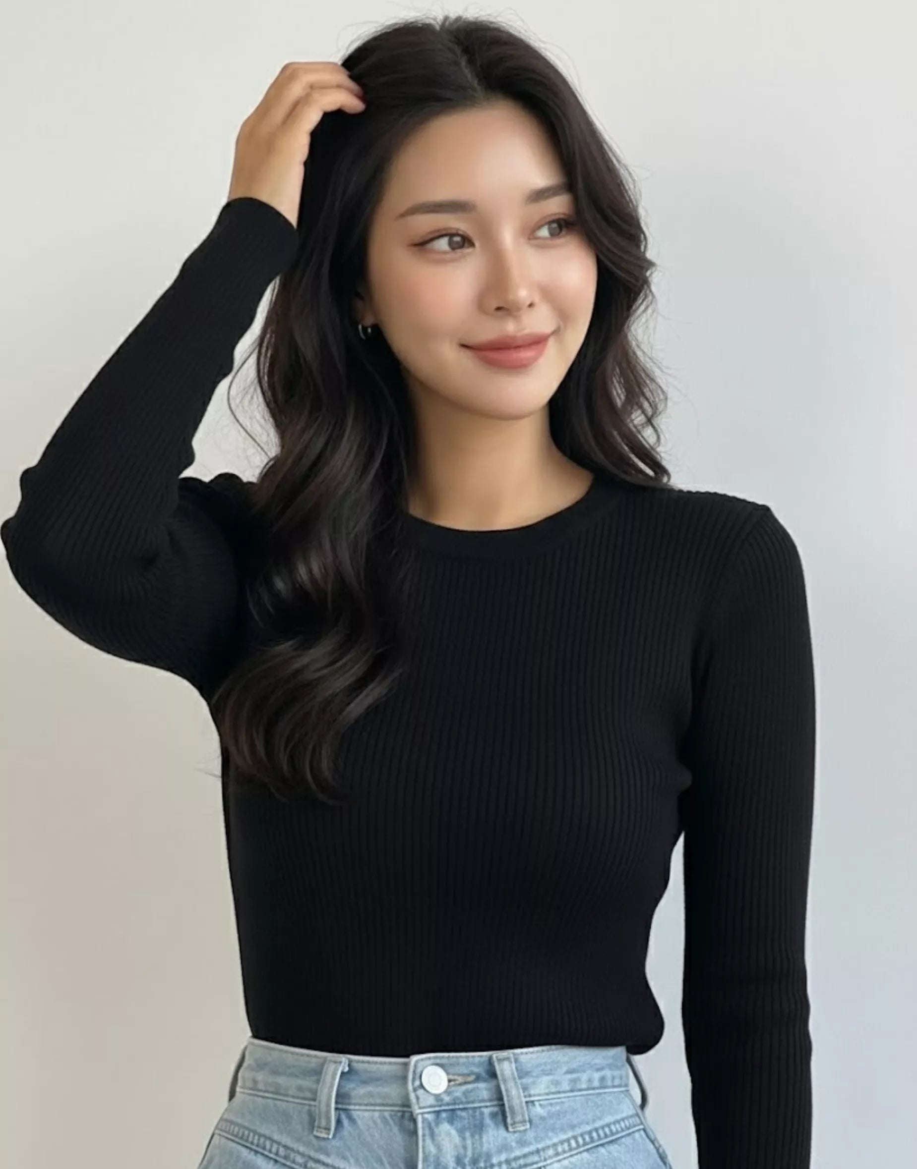 Classic Black Ribbed Crew Neck Top - Full Sleeves
