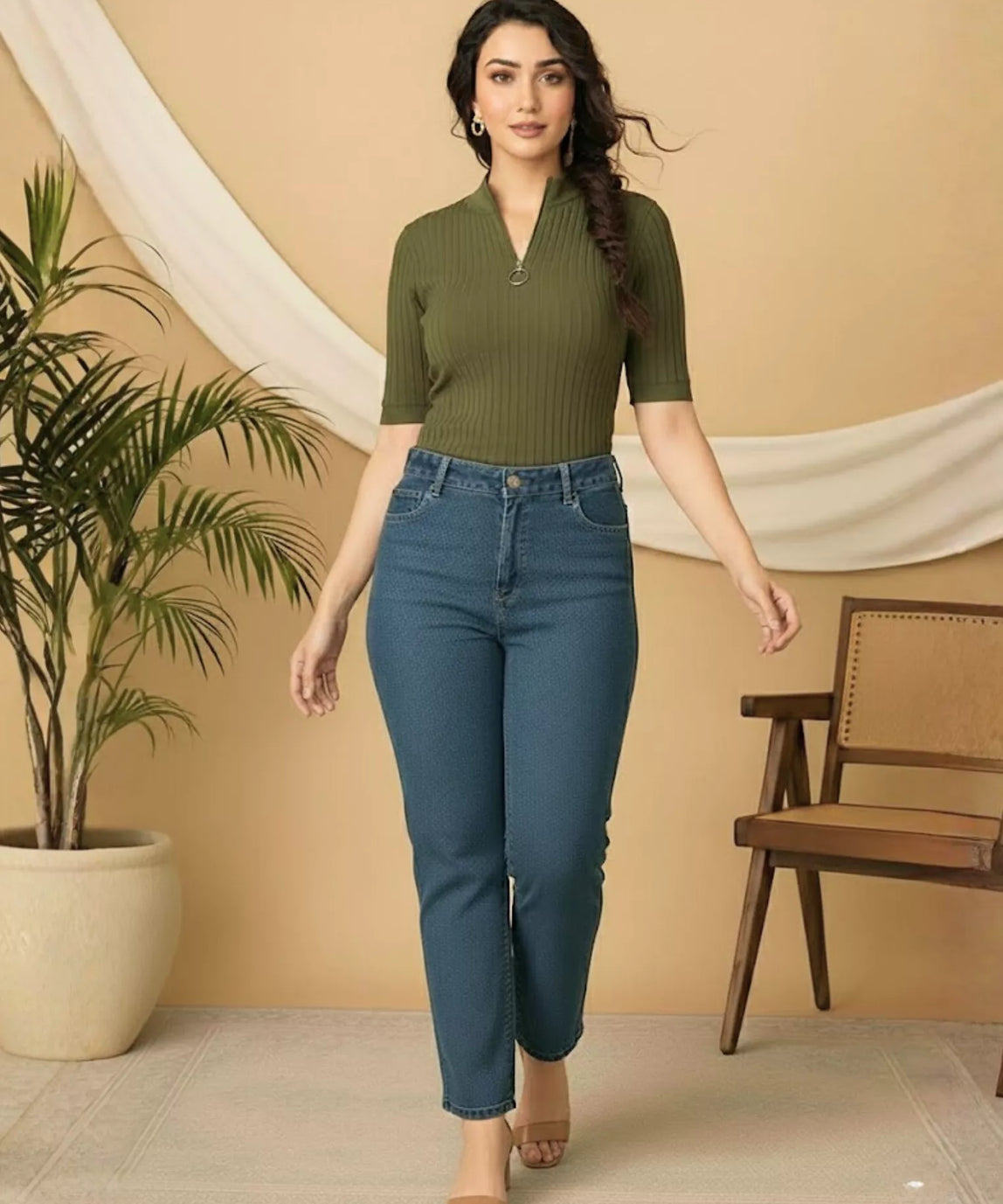 SGW Olive Green Mock Zip Knit Tee - Half Sleeves