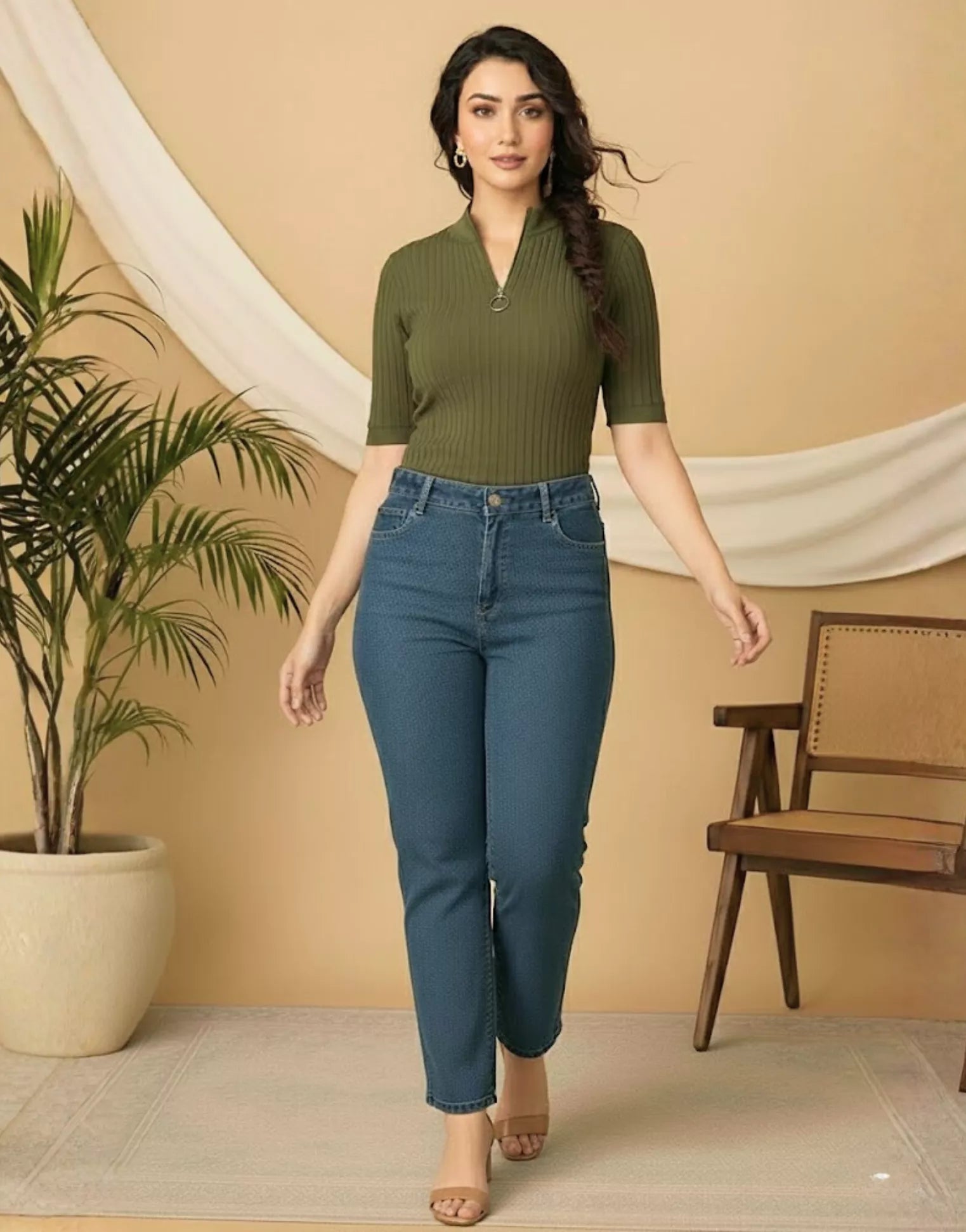 SGW Olive Green Mock Zip Knit Tee - Half Sleeves