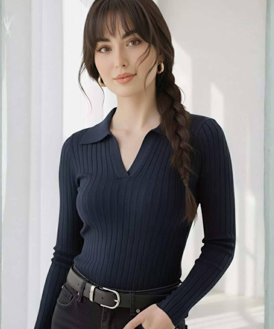 SWG Navy Blue Ribbed Knit Polo - Full Sleeves