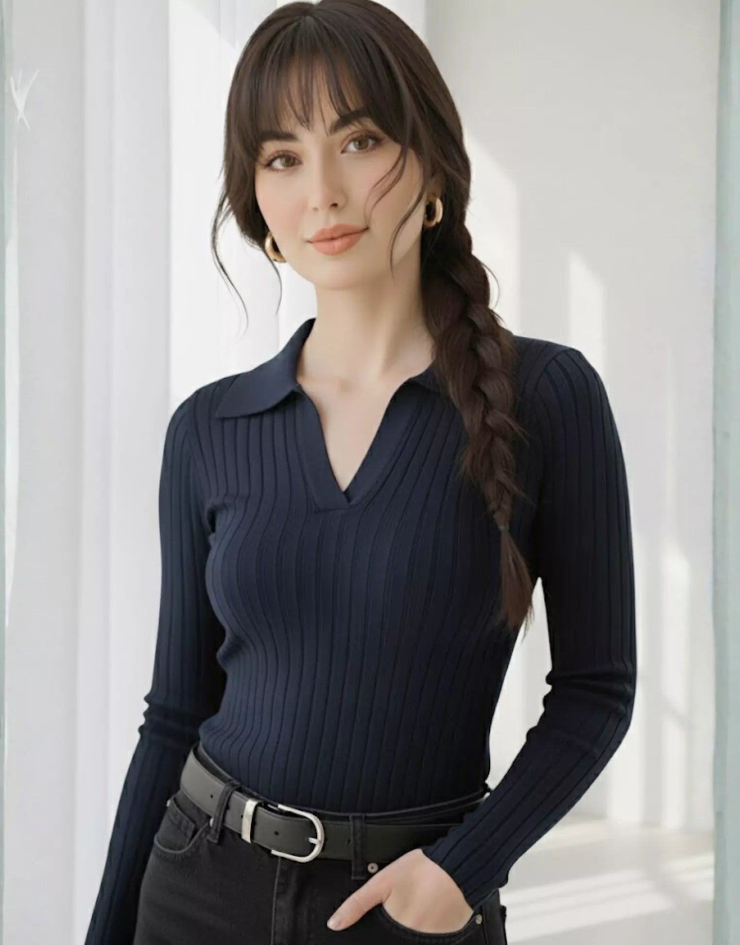 SWG Navy Blue Ribbed Knit Polo - Full Sleeves