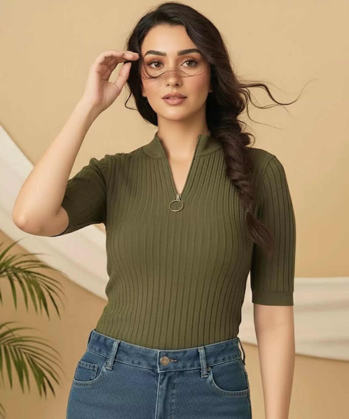 SGW Olive Green Mock Zip Knit Tee - Half Sleeves