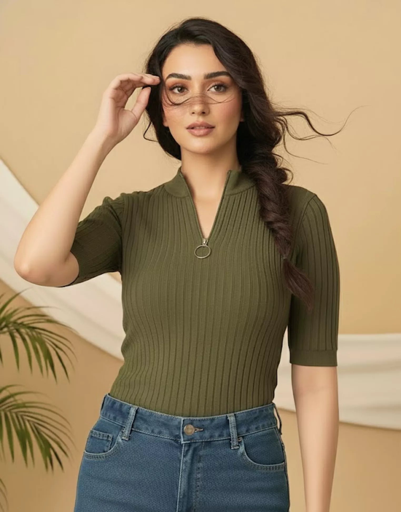 SGW Olive Green Mock Zip Knit Tee - Half Sleeves