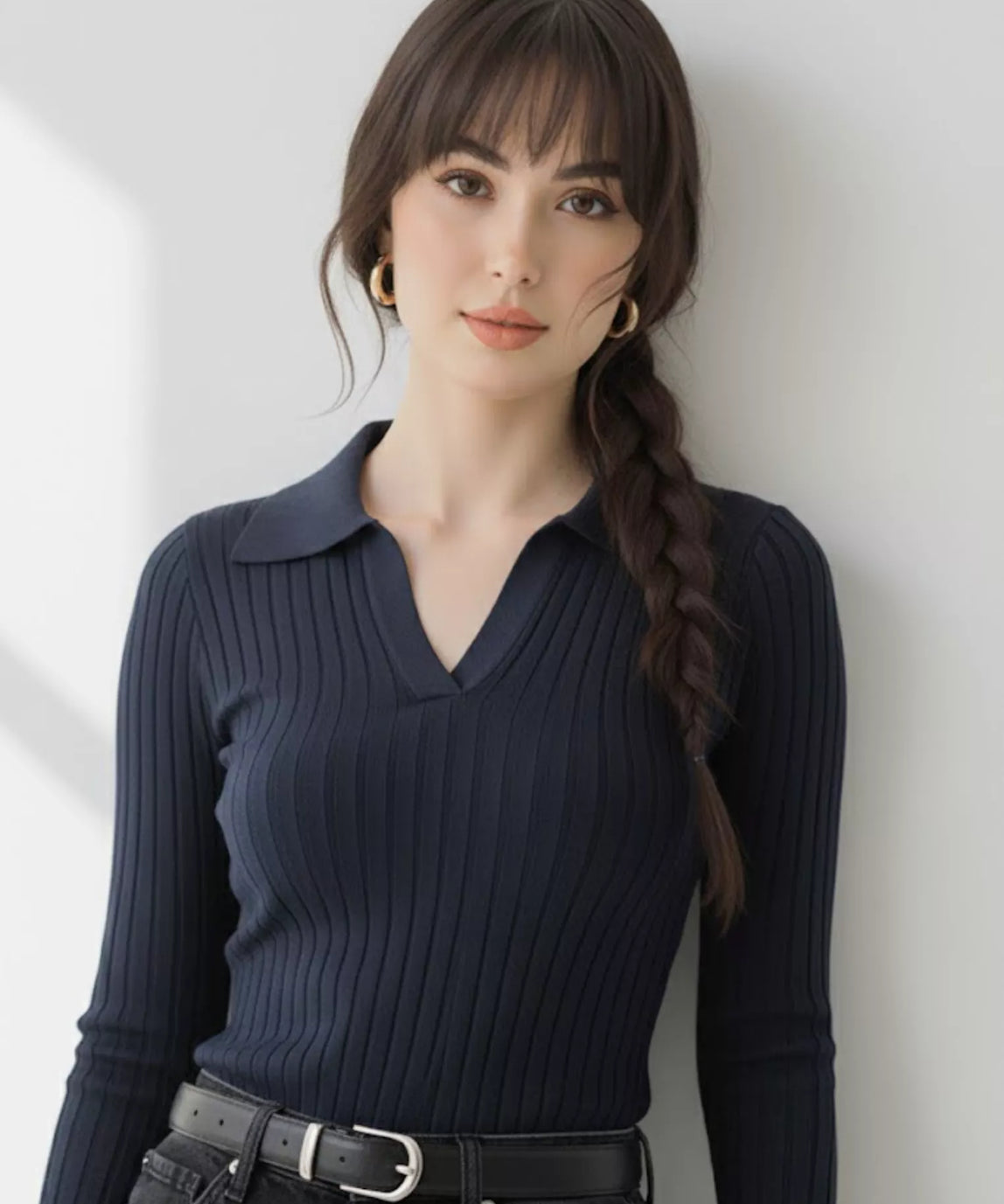 SWG Navy Blue Ribbed Knit Polo - Full Sleeves