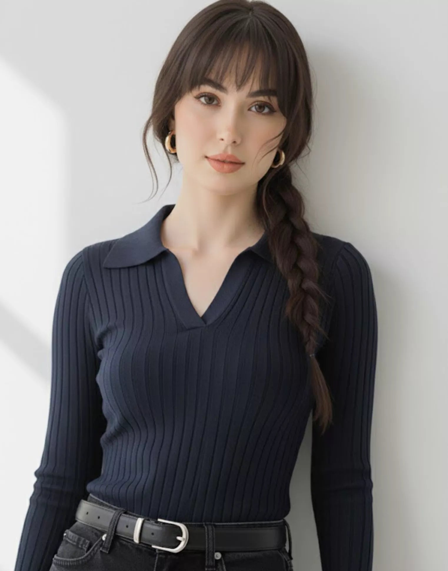 SWG Navy Blue Ribbed Knit Polo - Full Sleeves