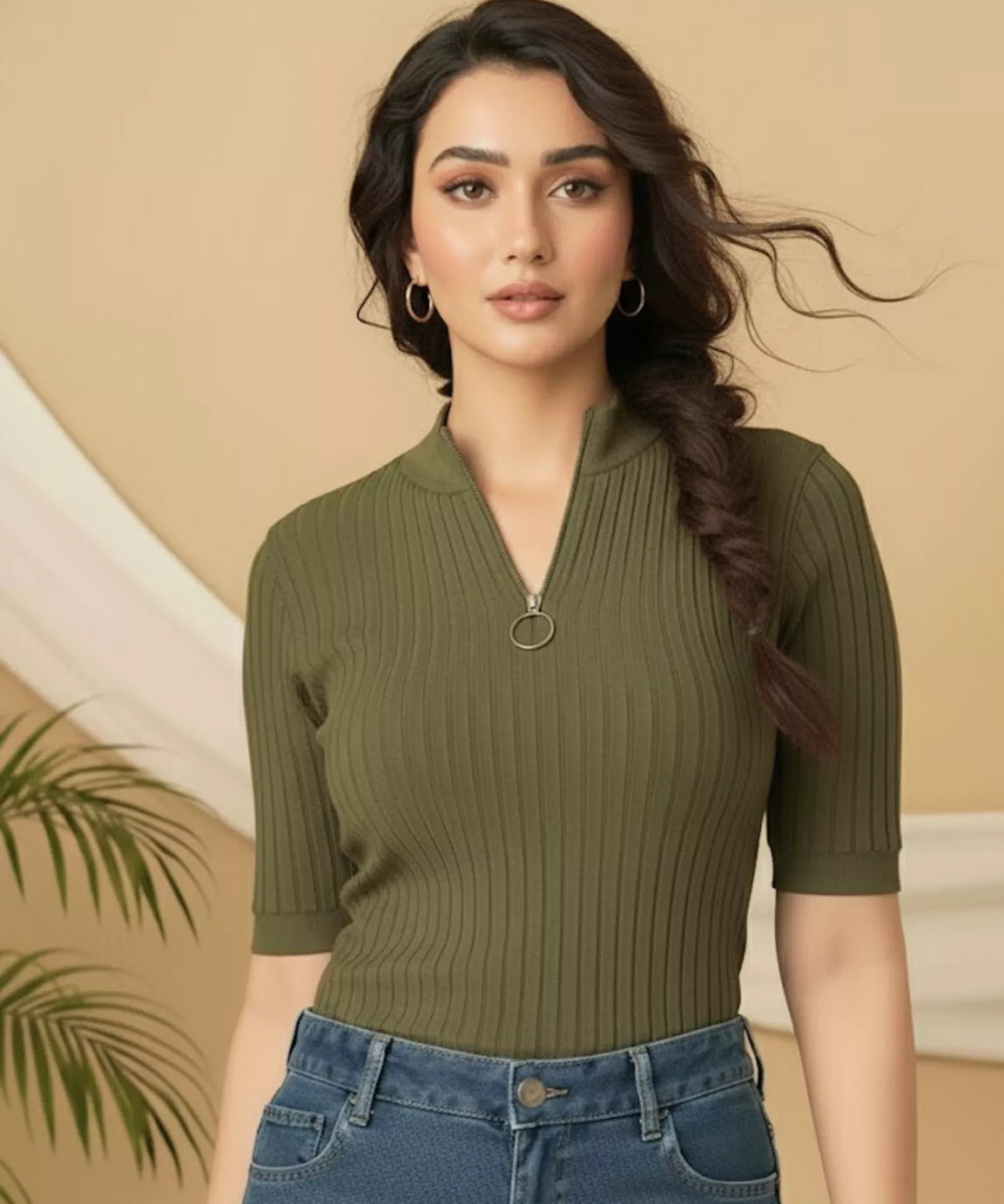 SGW Olive Green Mock Zip Knit Tee - Half Sleeves