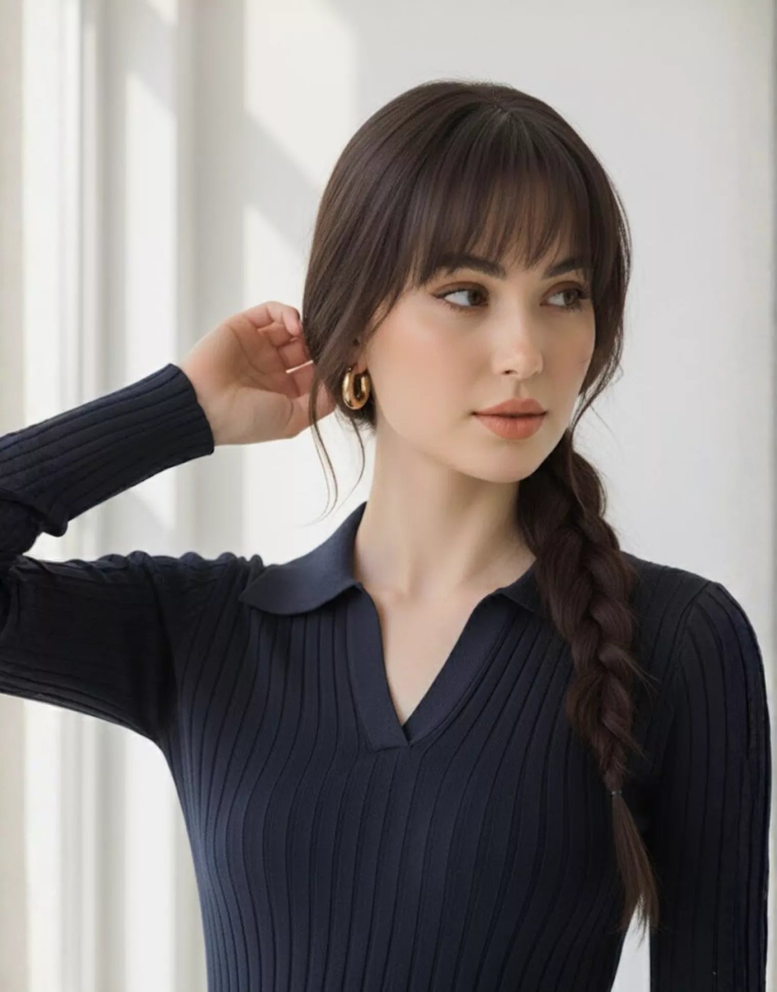 SWG Navy Blue Ribbed Knit Polo - Full Sleeves