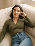 SGW Olive Green V-Neck Knit Shirt Full Button - Full Sleeves