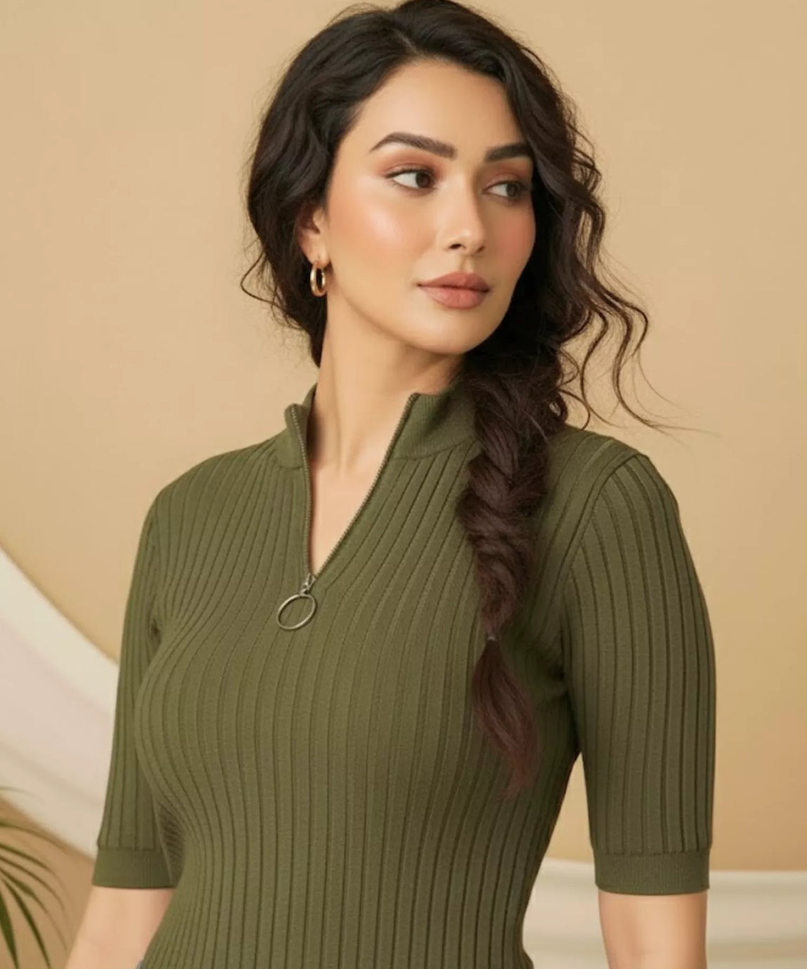 SGW Olive Green Mock Zip Knit Tee - Half Sleeves