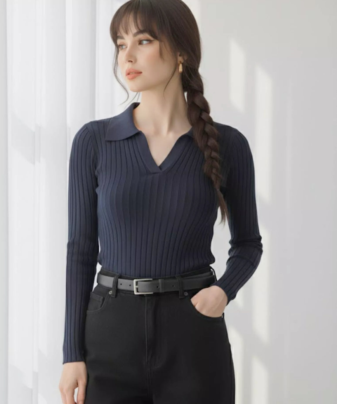 SWG Navy Blue Ribbed Knit Polo - Full Sleeves