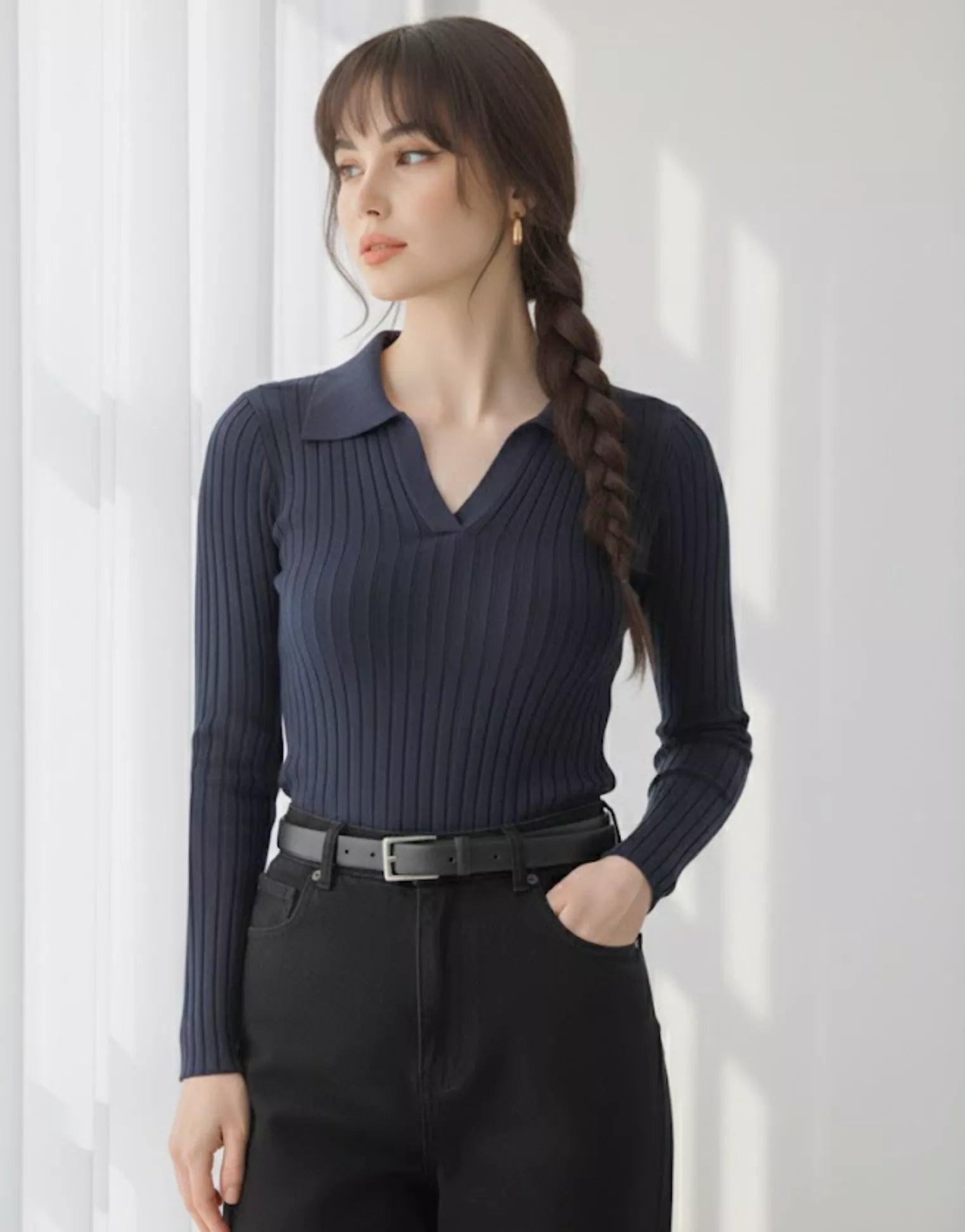 SWG Navy Blue Ribbed Knit Polo - Full Sleeves