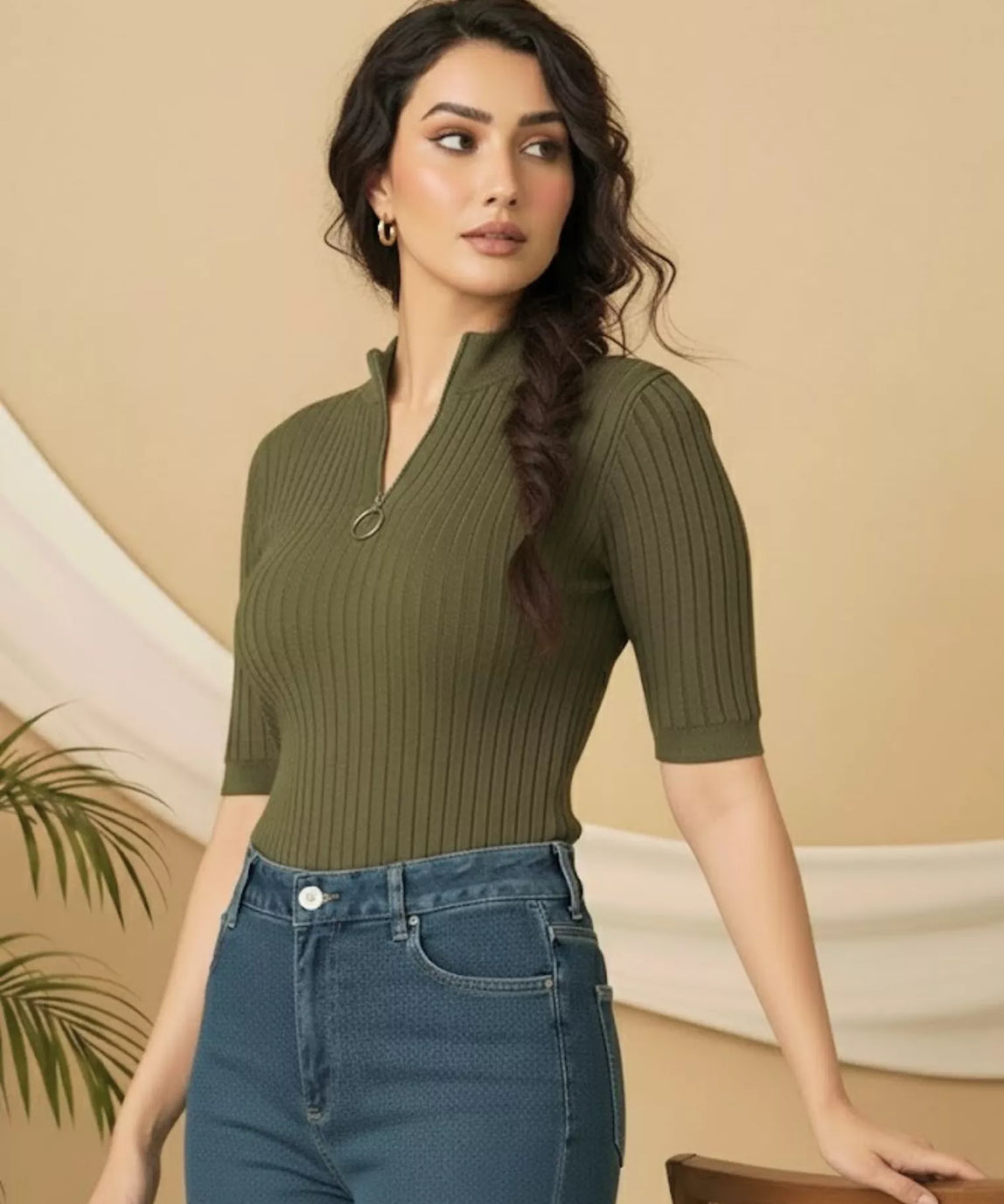 SGW Olive Green Mock Zip Knit Tee - Half Sleeves