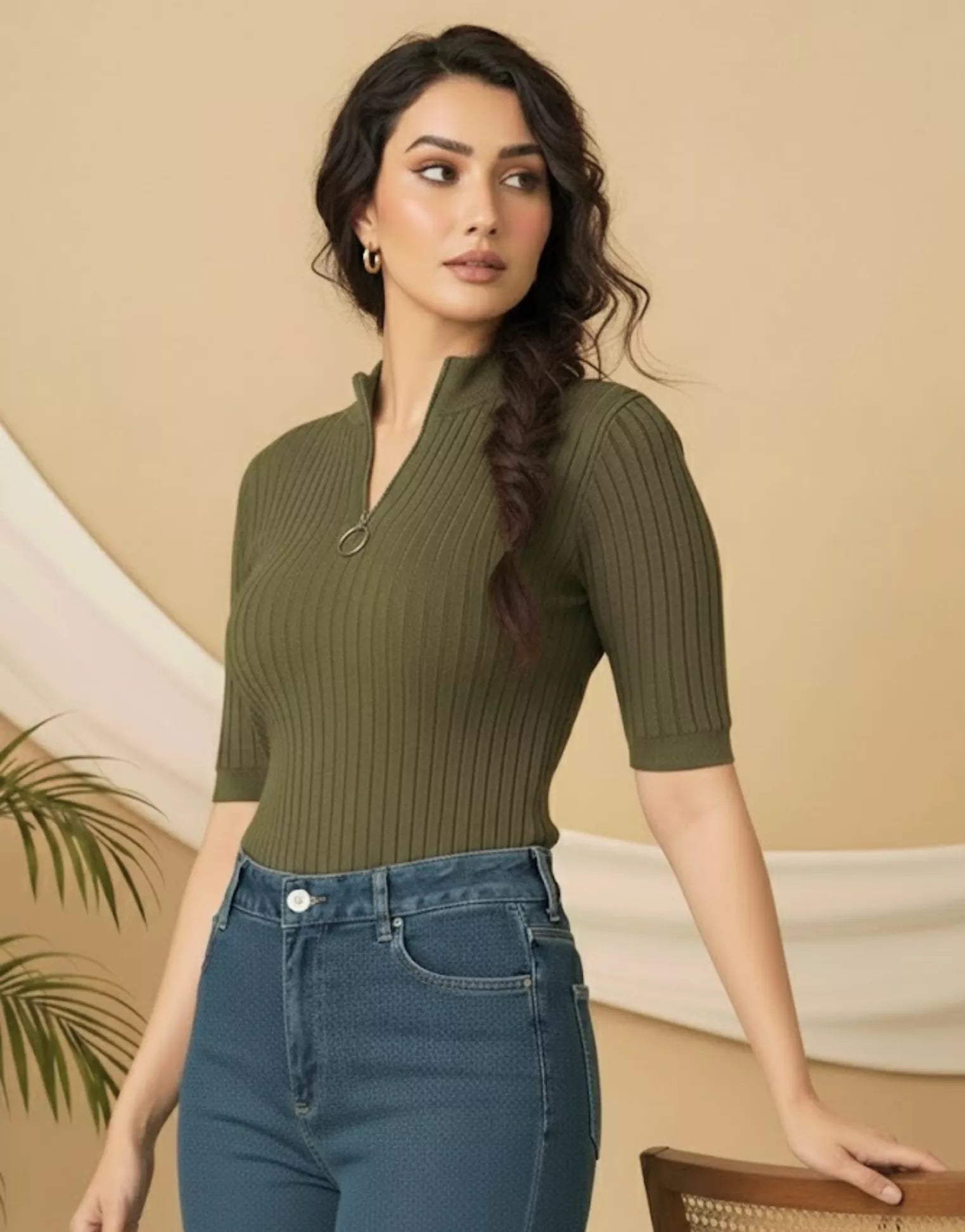 SGW Olive Green Mock Zip Knit Tee - Half Sleeves