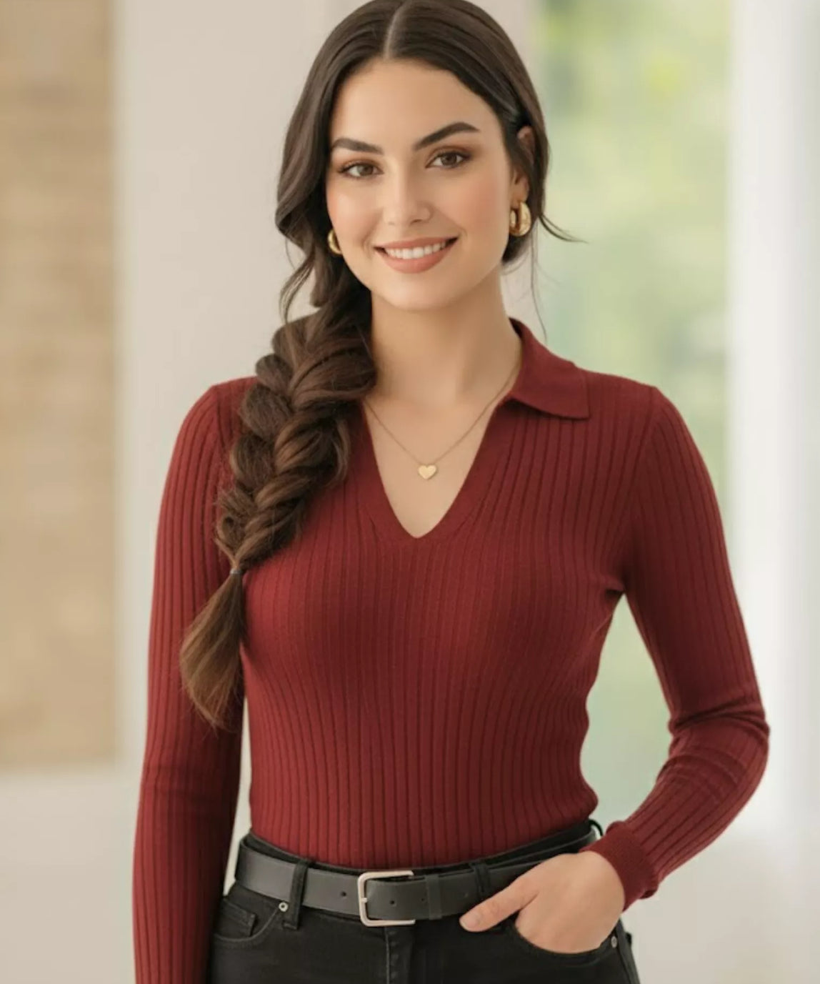 SWG Maroon Ribbed Knit Polo – Full Sleeves