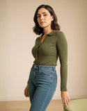 SGW Olive Green V-Neck Knit Shirt Full Button - Full Sleeves