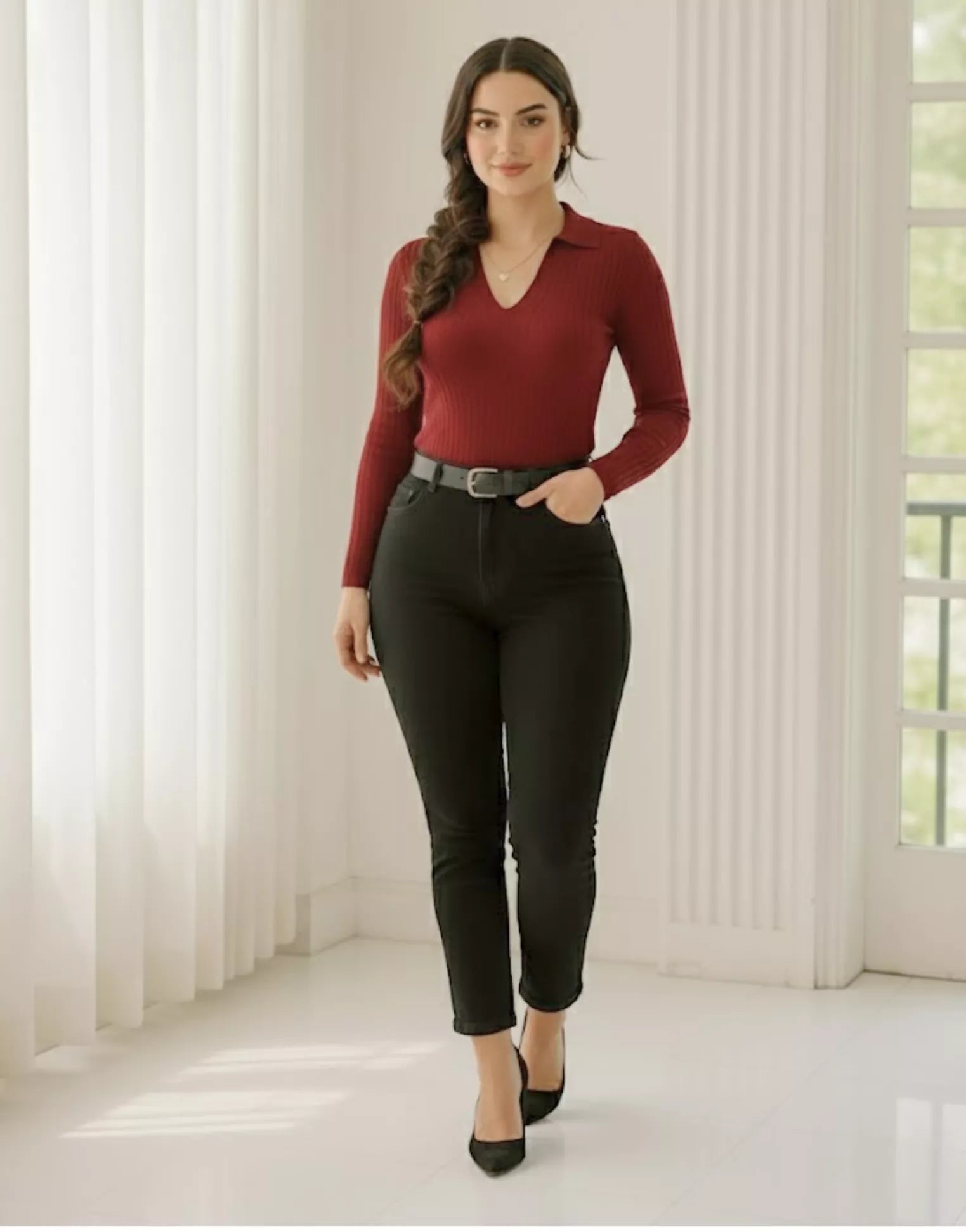 SWG Maroon Ribbed Knit Polo – Full Sleeves