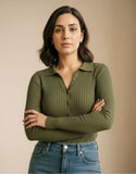 SGW Olive Green V-Neck Knit Shirt Full Button - Full Sleeves