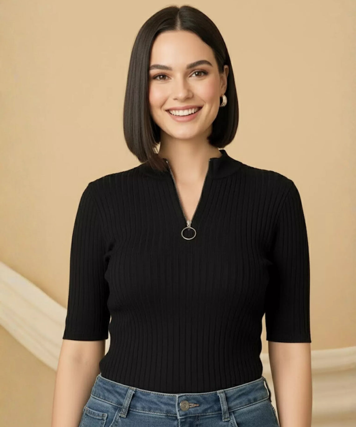 SGW Black Mock Zip Knit Tee - Half  Sleeves