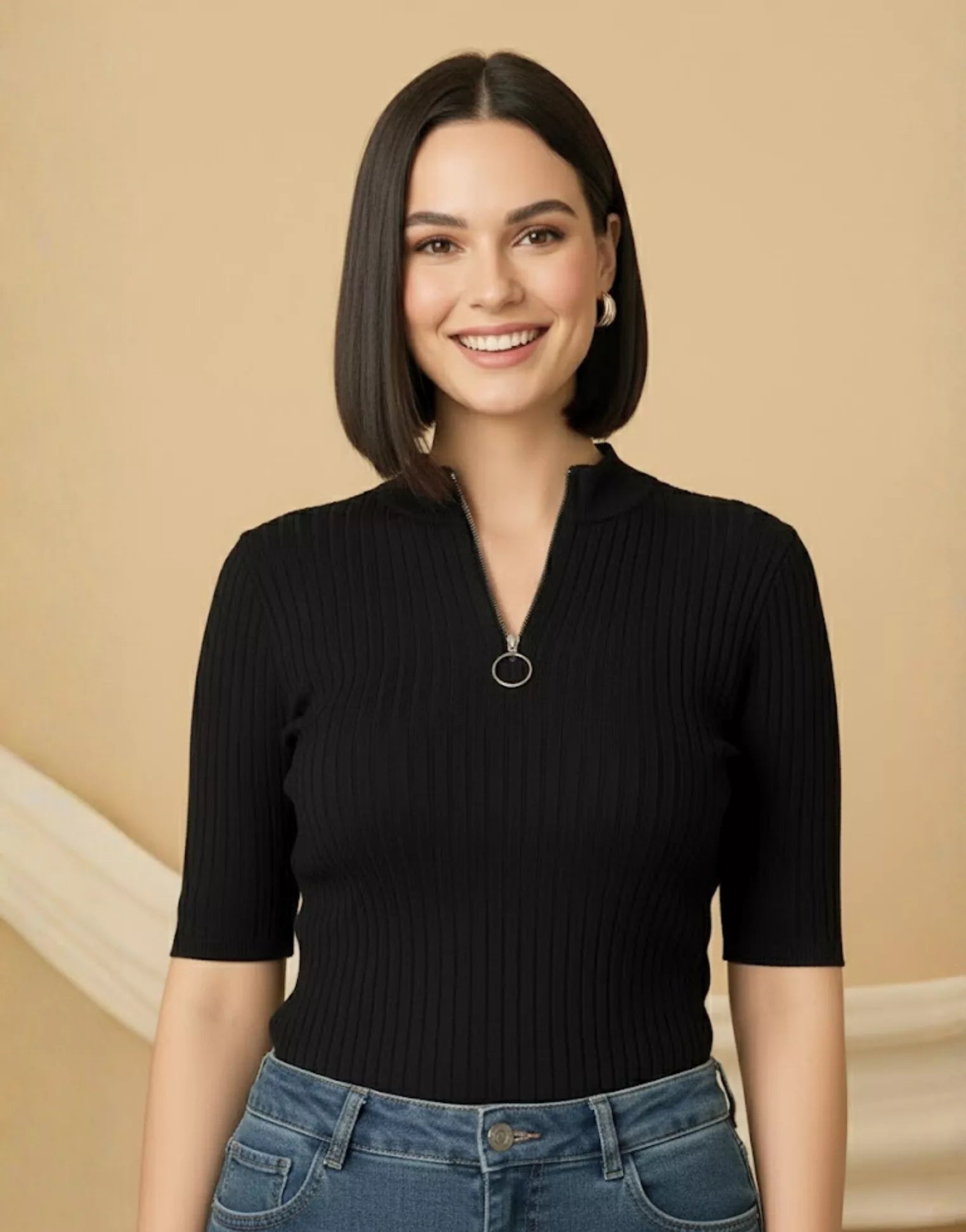 SGW Black Mock Zip Knit Tee - Half  Sleeves