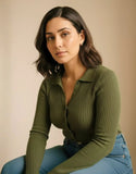 SGW Olive Green V-Neck Knit Shirt Full Button - Full Sleeves