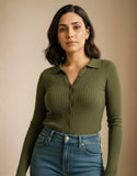 SGW Olive Green V-Neck Knit Shirt Full Button - Full Sleeves