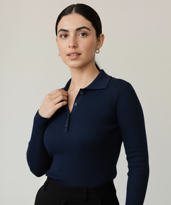 SGW Navy Blue V-Neck Knit Shirt Half Button - Full Sleeves