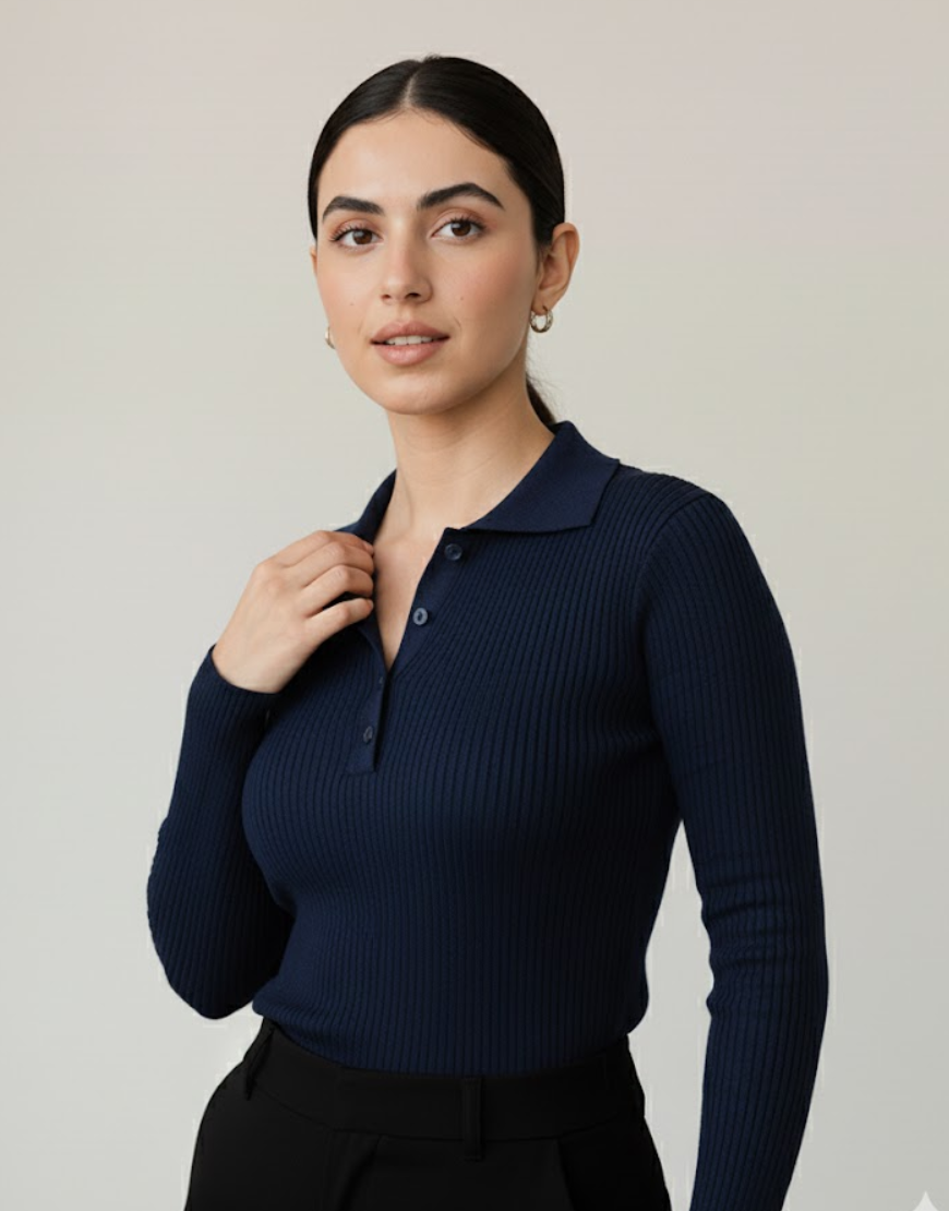 SGW Navy Blue V-Neck Knit Shirt Half Button - Full Sleeves