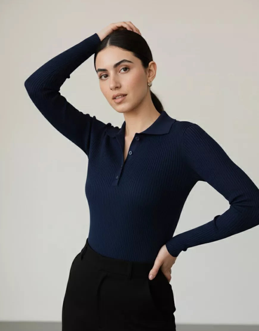 SGW Navy Blue V-Neck Knit Shirt Half Button - Full Sleeves