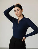 SGW Navy Blue V-Neck Knit Shirt Half Button - Full Sleeves