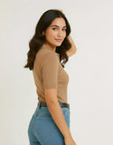 SGW Beige Front Full Button Rib Knit Tee - Half Sleeves