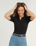 SGW Black Front Full Button Rib Knit Tee - Half Sleeves