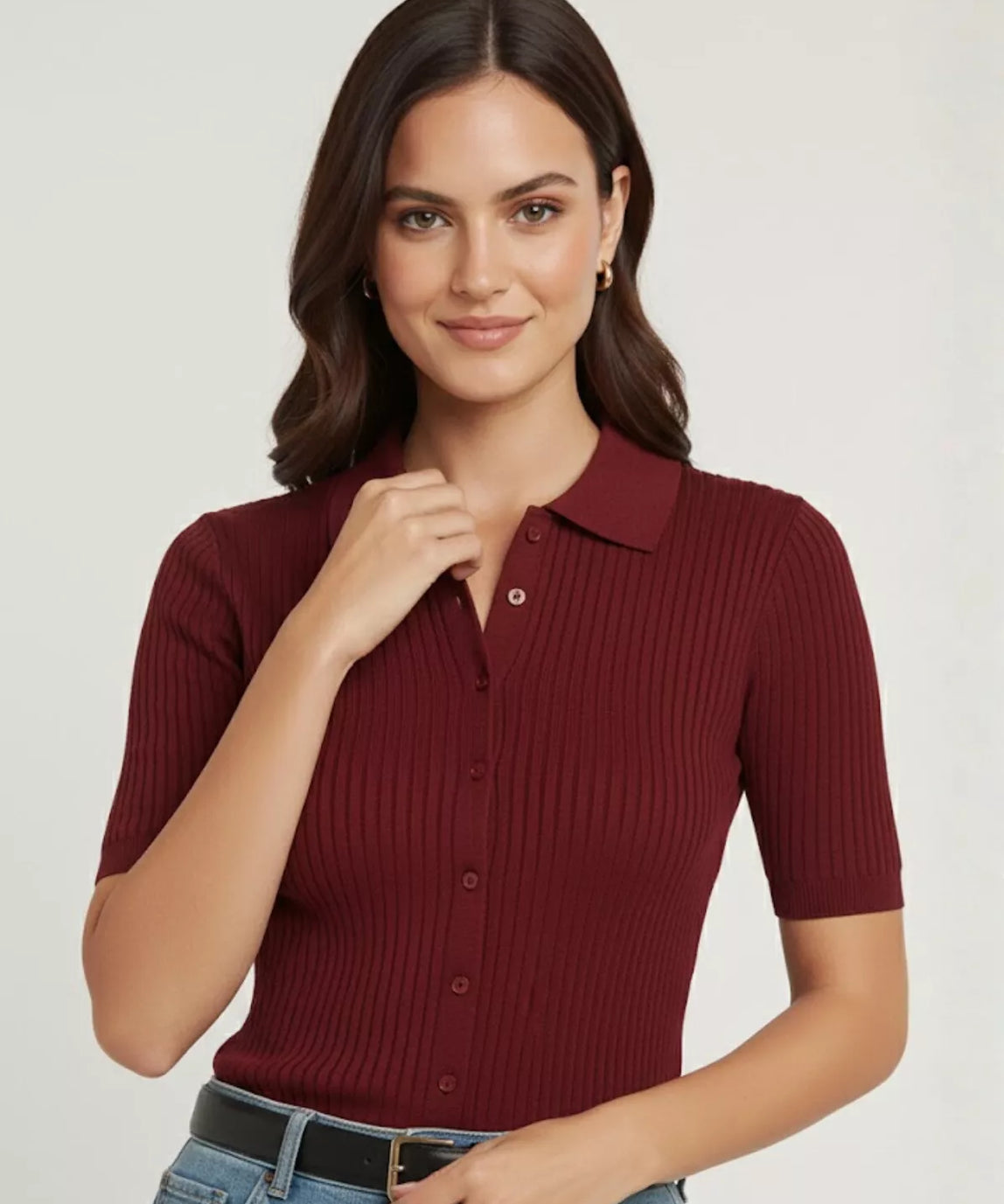 SGW Maroon Front Full Button Rib Knit Tee - Half Sleeves