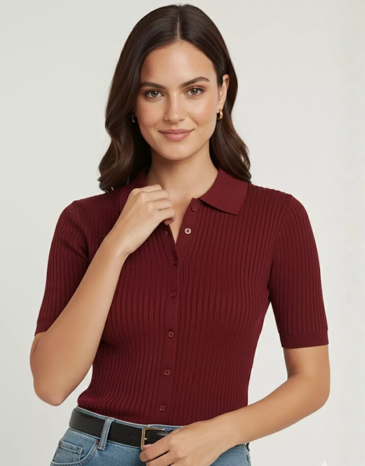 SGW Maroon Front Full Button Rib Knit Tee - Half Sleeves